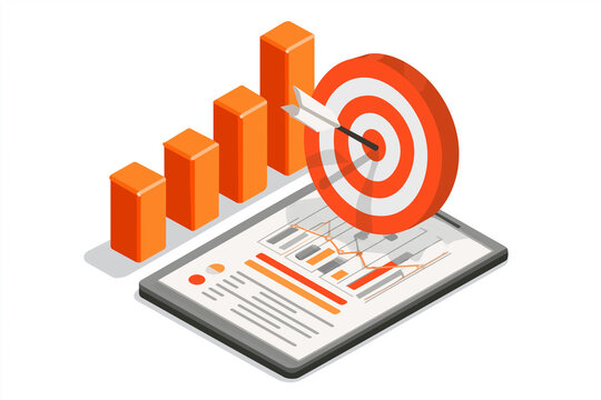 An arrow hitting a bullseye next to an orange bar chart and report. Symbolizes strategic success, achieving business goals, precise targeting, data-driven planning, and high-performance results.