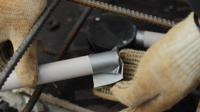 Worker fixing plastic pipe in rebar frame before concrete pour