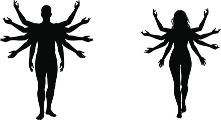  Male and female silhouette with multiple arms, deity-inspired pose, artistic expression, black and white vector illustration, spiritual concept, symbolic gesture, abstract design