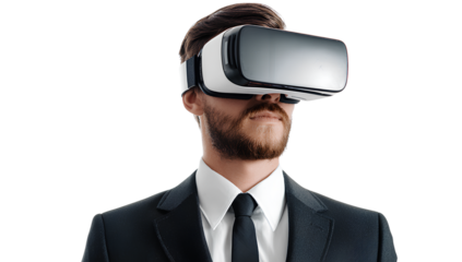 Man with Virtual Reality Glasses with transparent background of studio