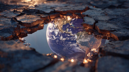 planet reflected in a puddle, capturing a universe in microcosm, merging cosmic wonder with intimate, earthly detail in a surreal and thought-provoking scene.