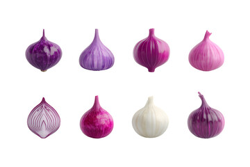 Eight vibrant purple and pink shallots displayed in a two-row grid isolated studio shot isolated on transparent background