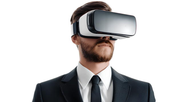 Man with Virtual Reality Glasses with transparent background of studio