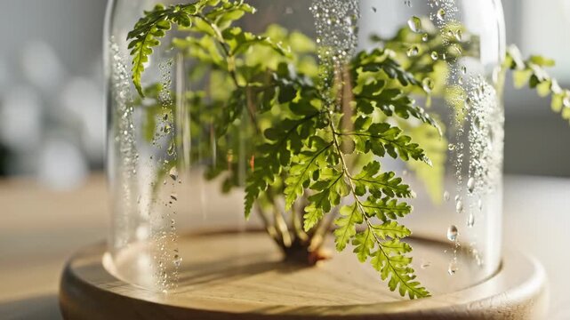 Fresh Green Fern in Glass Dome with Water Drops and Natural Light