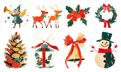 Fototapeta premium PNG Vintage festive holiday decoration illustrations, element set on transparent background