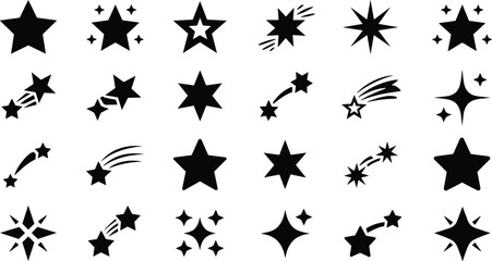 Star icon illustration set, sparkle silhouette vector collection, shooting stars, twinkle patterns, celestial cosmic symbols, decorative night sky design elements