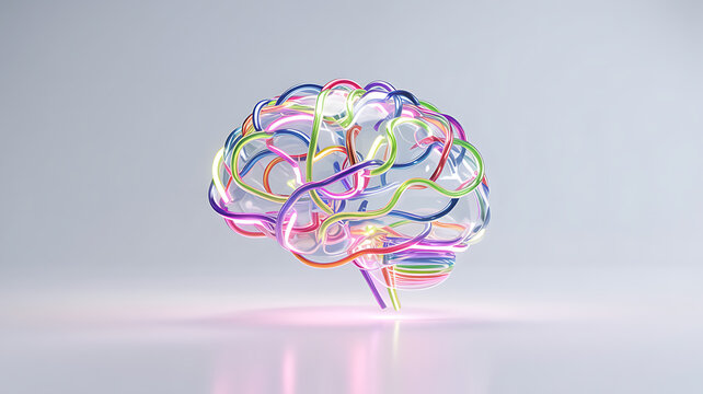 Vibrant abstract brain sculpture illuminated with colorful lights representing neural connections