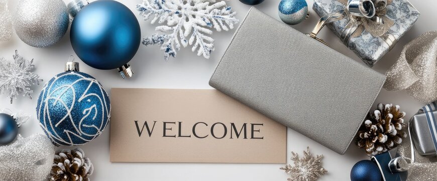 A soft gray wallet decorated with silver accents rests against a snowy backdrop while elegantly presenting a welcome message in black.