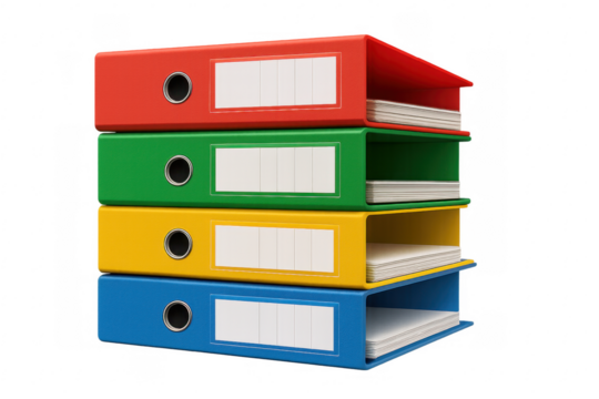 Stacked colorful office binders with documents and papers
