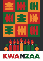Kwanzaa Happy Celebration. African and African-American culture holiday. Seven days festival, celebrate annual from December 26 to January 1. Black history. Poster, card, banner and background. Vector