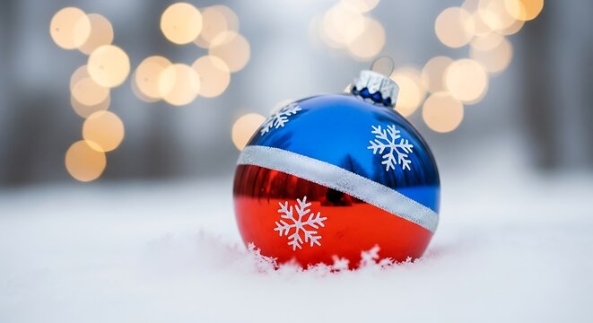 Red blue Christmas bauble in snow.