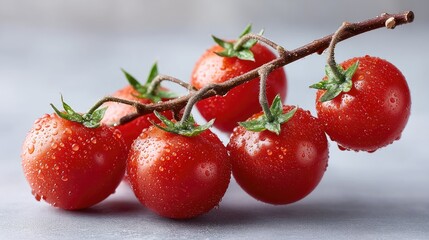 Close up of Ripe Red Cherry Tomatoes with Water Droplets on a Vine Against a Textured Gray Background