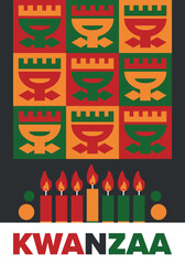 Kwanzaa Happy Celebration. African and African-American culture holiday. Seven days festival, celebrate annual from December 26 to January 1. Black history. Poster, card, banner and background. Vector