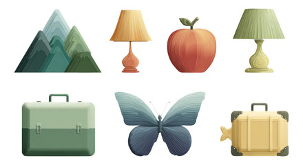 Colorful Isolated Objects Featuring Mountains, Lamps, Apple, Butterfly, and Suitcase