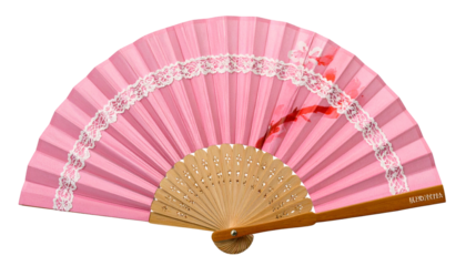 Elegant, pink folding fan, with floral accents and lace trim, set against black