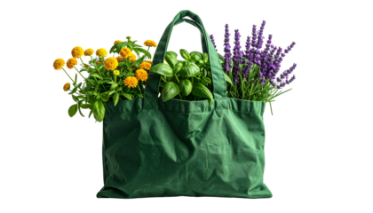 A green tote bag overflowing with colorful flowers and fresh herbs against a black backdrop