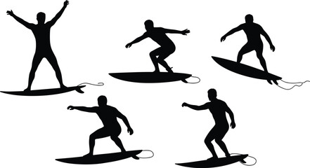  Surfer silhouette vector set, dynamic surfboard poses, ocean sport illustration, black human shapes, wave riding stances, beach activity concept graphic