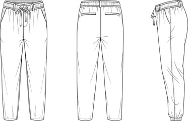 Men’s jogger pants technical flat sketch front, back and side view, casual trousers fashion design template, apparel vector outline, cad drawing flat vector illustration