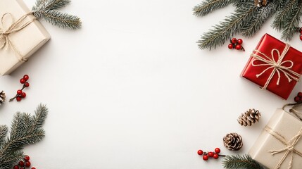 Beautifully arranged Christmas gifts with red berries and pine branches create a festive atmosphere perfect for holiday celebrations