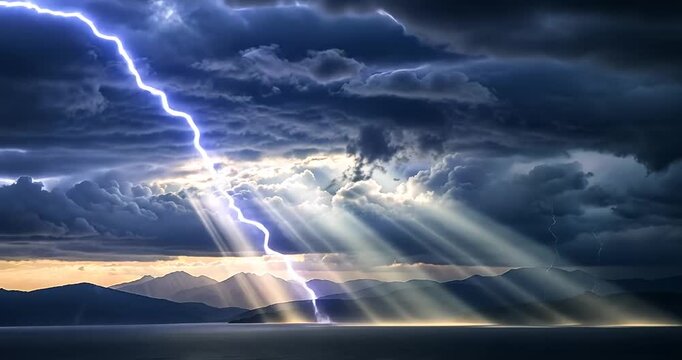 Dramatic storm clouds with lightning illuminating the landscape and rays of sunlight breaking through