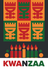 Kwanzaa Happy Celebration. African and African-American culture holiday. Seven days festival, celebrate annual from December 26 to January 1. Black history. Poster, card, banner and background. Vector