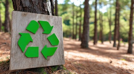 Bright green recycle sign placed in a forest or coastal area, nature protection message, hopeful ecological tone