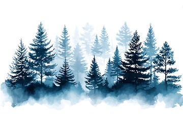 Fototapeta premium Enchanting Forest Landscape with Tall Pine Trees and Misty Background in Artistic Watercolor Style