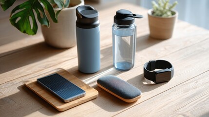 Set of eco gadgets on wooden desk: solar charger, water filter, eco fitness band, minimalist style