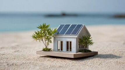 Small eco house near the coast with rooftop solar panels, sustainable beach living concept