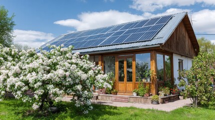 Solar panels on roof of countryside house with blooming garden, bright sunny day, green living