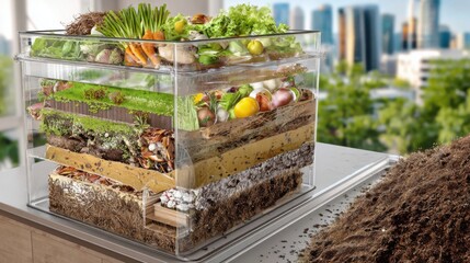 Transparent balcony composter showing layered organic waste breakdown, urban sustainability concept