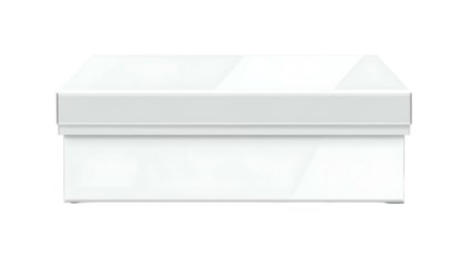 A small white, rectangular box with a lid slightly ajar, set against a black background