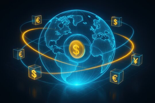 Global Finance: World map with currency symbols circling the globe.