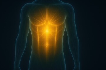 Anatomical illustration of a human torso with a bright focal point in its core.