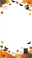 Colorful Halloween-themed illustration featuring playful ghosts, pumpkins, bats, and autumn leaves, creating a festive border with ample copy space for text or design elements