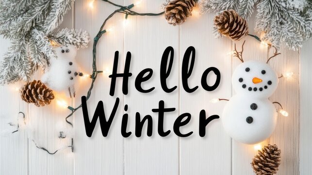 A joyful snowman adorned with festive lights and the message 'Hello Winter' rests on a white wooden backdrop, perfect for holiday cheer