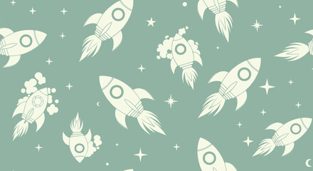 Seamless pattern of rockets flying through starry space adventure.
