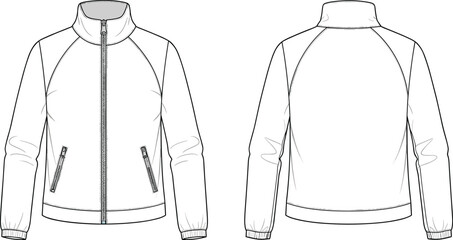 Men’s zip up bomber jacket technical flat sketch front and back view, casual outerwear fashion design template, apparel vector, cad drawing flat vector illustration © Biplob Creatives