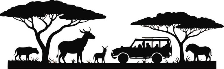 African Safari Silhouette Banner  Wildlife and Savanna Landscape Vector