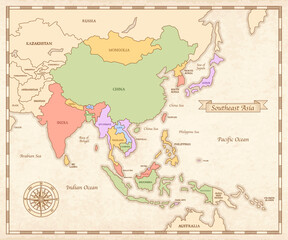Map of Asia Pacific. Vector Vintage Map