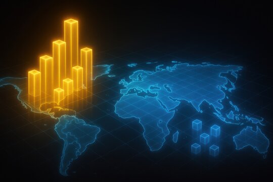 Global business trends visualized on a world map with digital bar graphs.