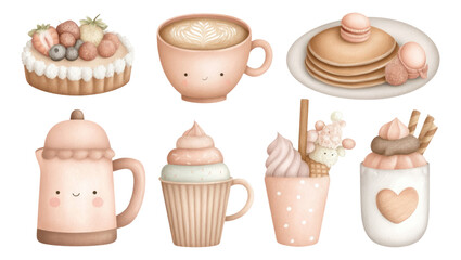 Cute Dessert and Beverage Collection with Pastel Colors and Playful Designs