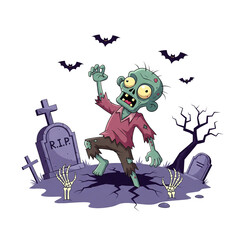 Halloween cartoon zombie at cemetery 