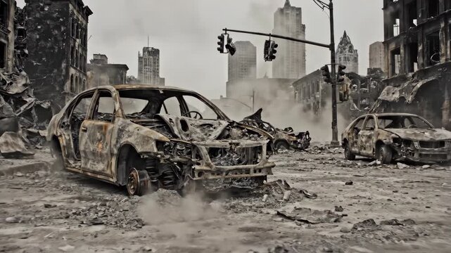 Urban Landscape After Catastrophe with Abandoned Vehicles and Dust