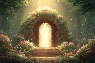 Fototapeta premium Enchanted Forest Portal Surrounded by Lush Greenery and Blooming Flowers with Magical Light Effects
