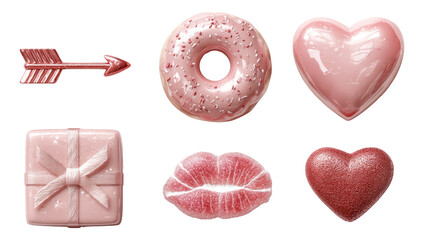 Pink Themed Collection of Isolated Objects with Heart, Donut, Arrow, and Gift