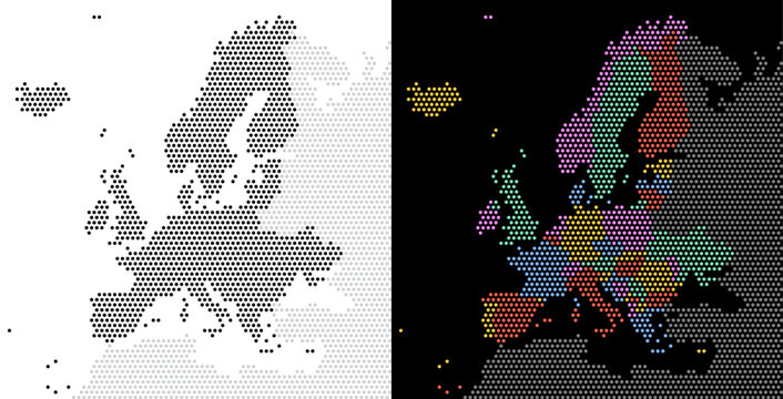 Dotted Europe map. Vector geographic map on white and Dark backgrounds. Vector concept of Europe map designed with round dots