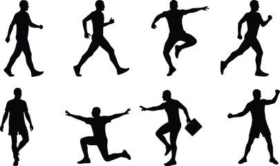 Silhouette of men walking running jumping posing isolated on white background, active people motion, fitness exercise, modern lifestyle concept