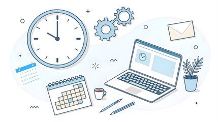 Flat illustration of time management and remote work with clock, laptop, calendar, and gear icons, productivity concept for business, scheduling, or freelance themes