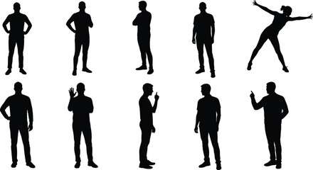 Silhouette of people standing talking arguing communicating isolated on white background, teamwork discussion, conflict, gesture communication, lifestyle concept illustration